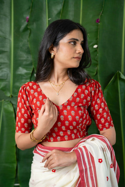Vasudha CurveFit Stretchable Cotton Red Printed Blouse