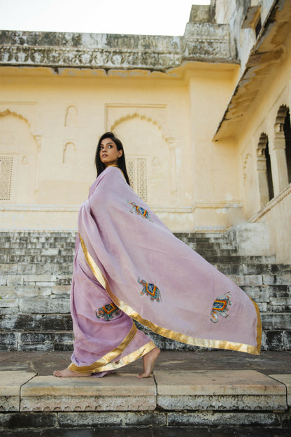 Meera Tissue Light Purple Handpainted And Handembellished Saree