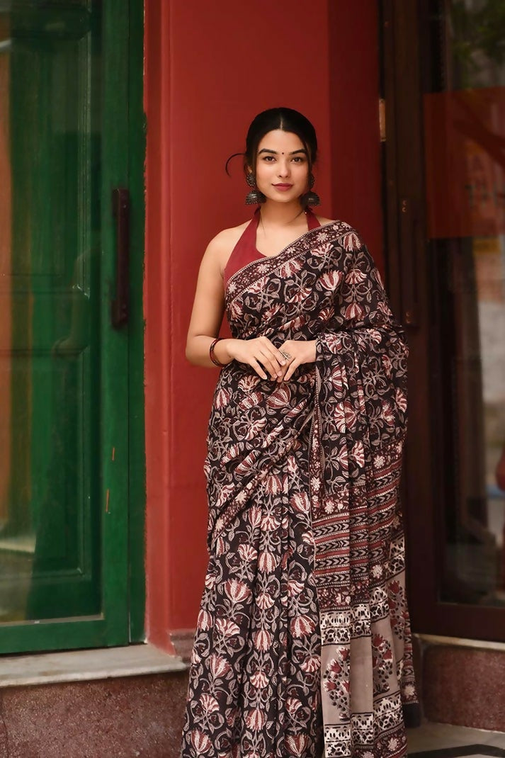 Vintage Voyage- Hand Block Print Mulmul Cotton Bagru Saree