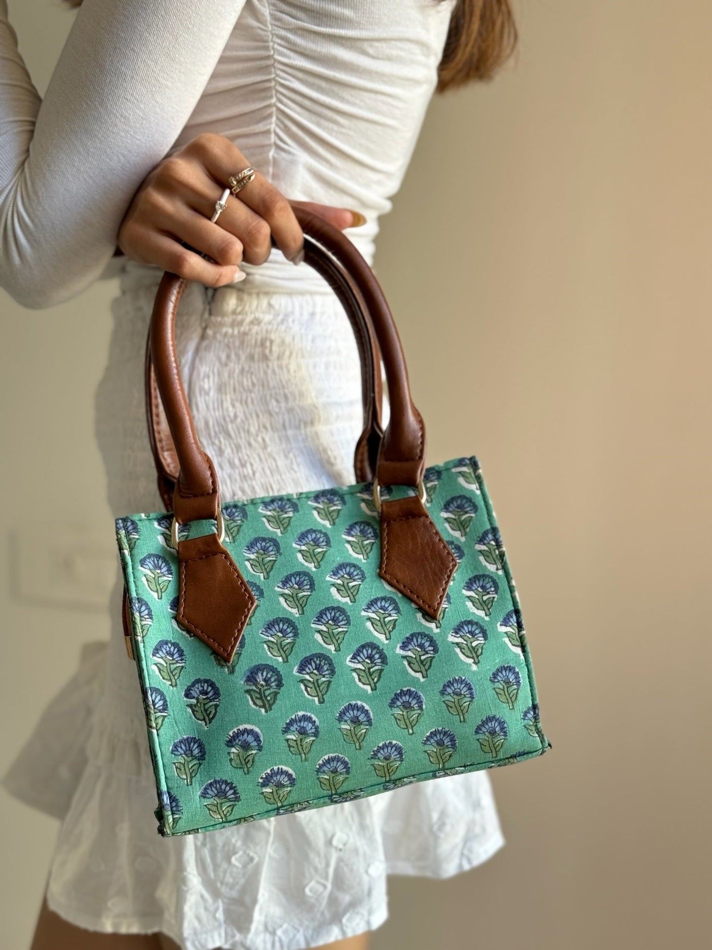 Mini Green Handblock Printed Tote Sling Bag