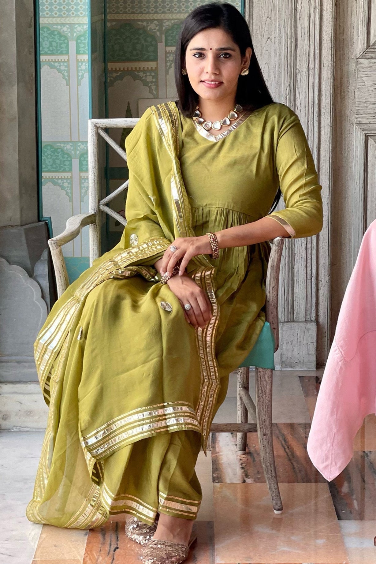 Olive Muslin Suit With Handpainted Dupatta