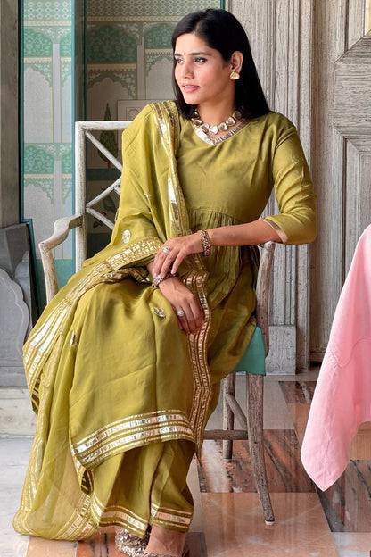 Olive Muslin Suit With Handpainted Dupatta