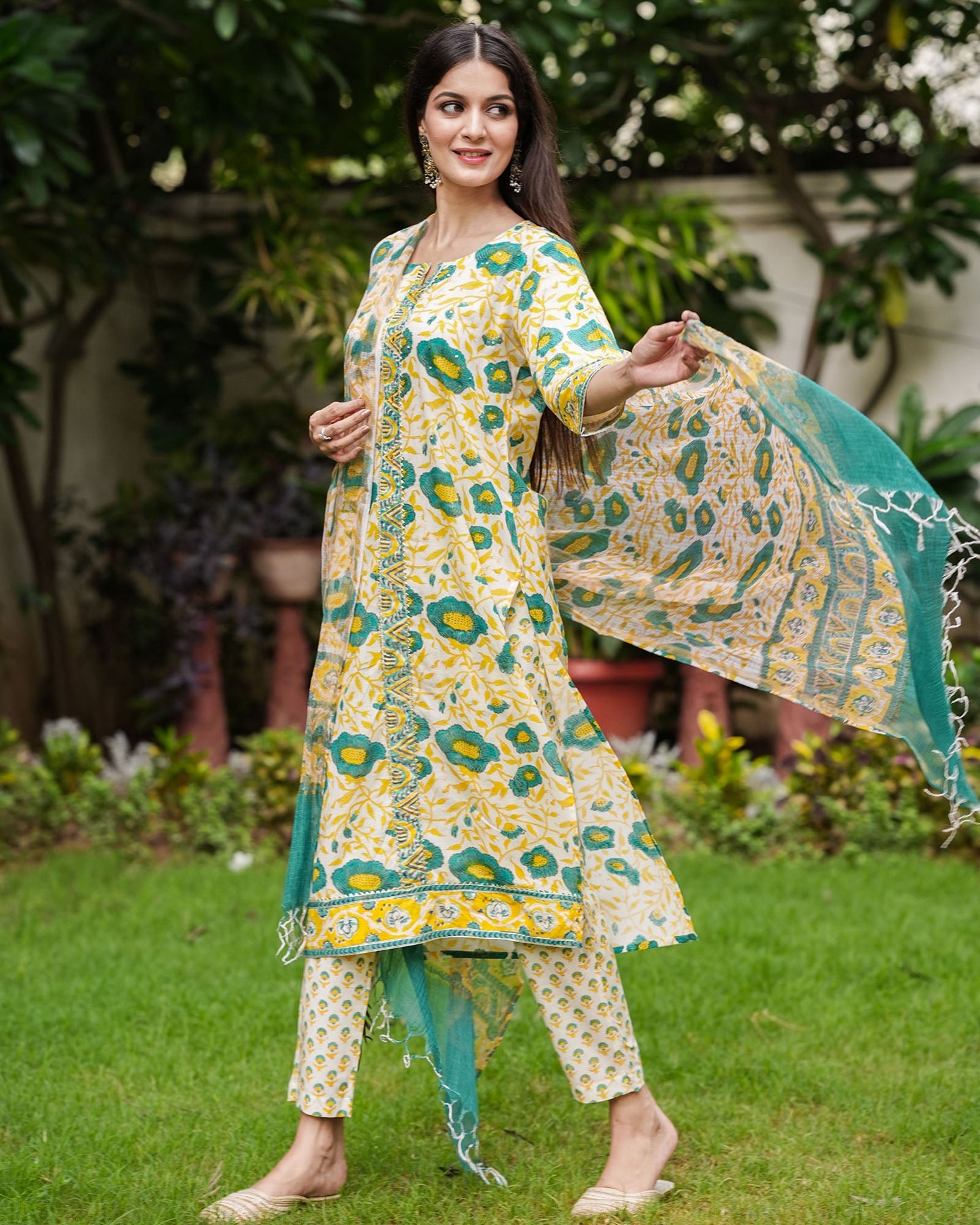 Yellow Green Handblock Cotton Suit Set