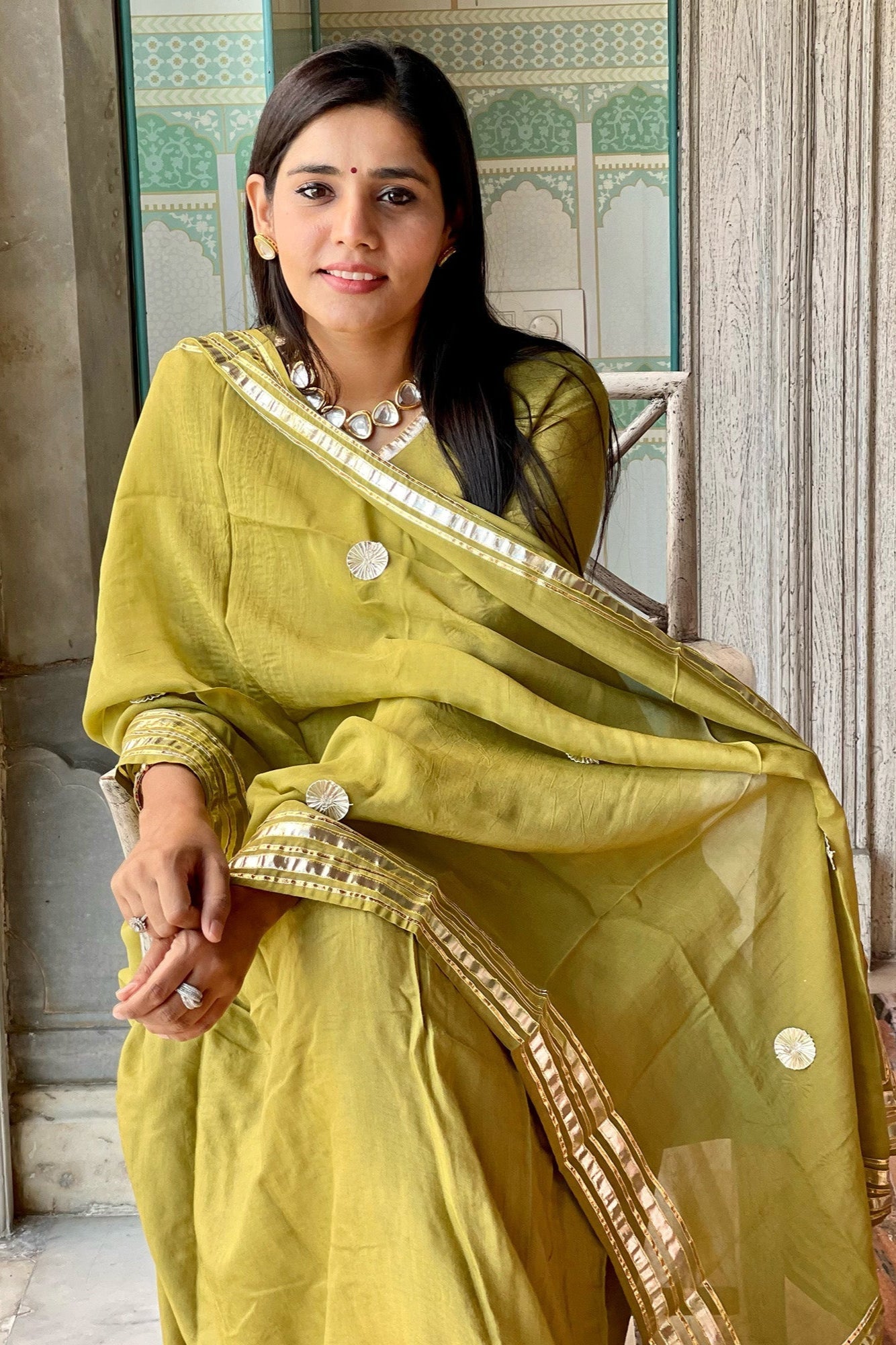 Olive Muslin Suit With Handpainted Dupatta