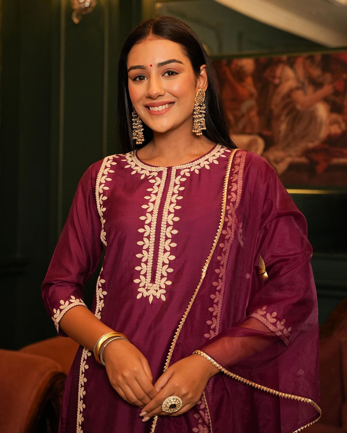 Wine Chanderi Suit Set With Gotta Work