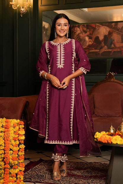 Wine Chanderi Suit Set With Gotta Work