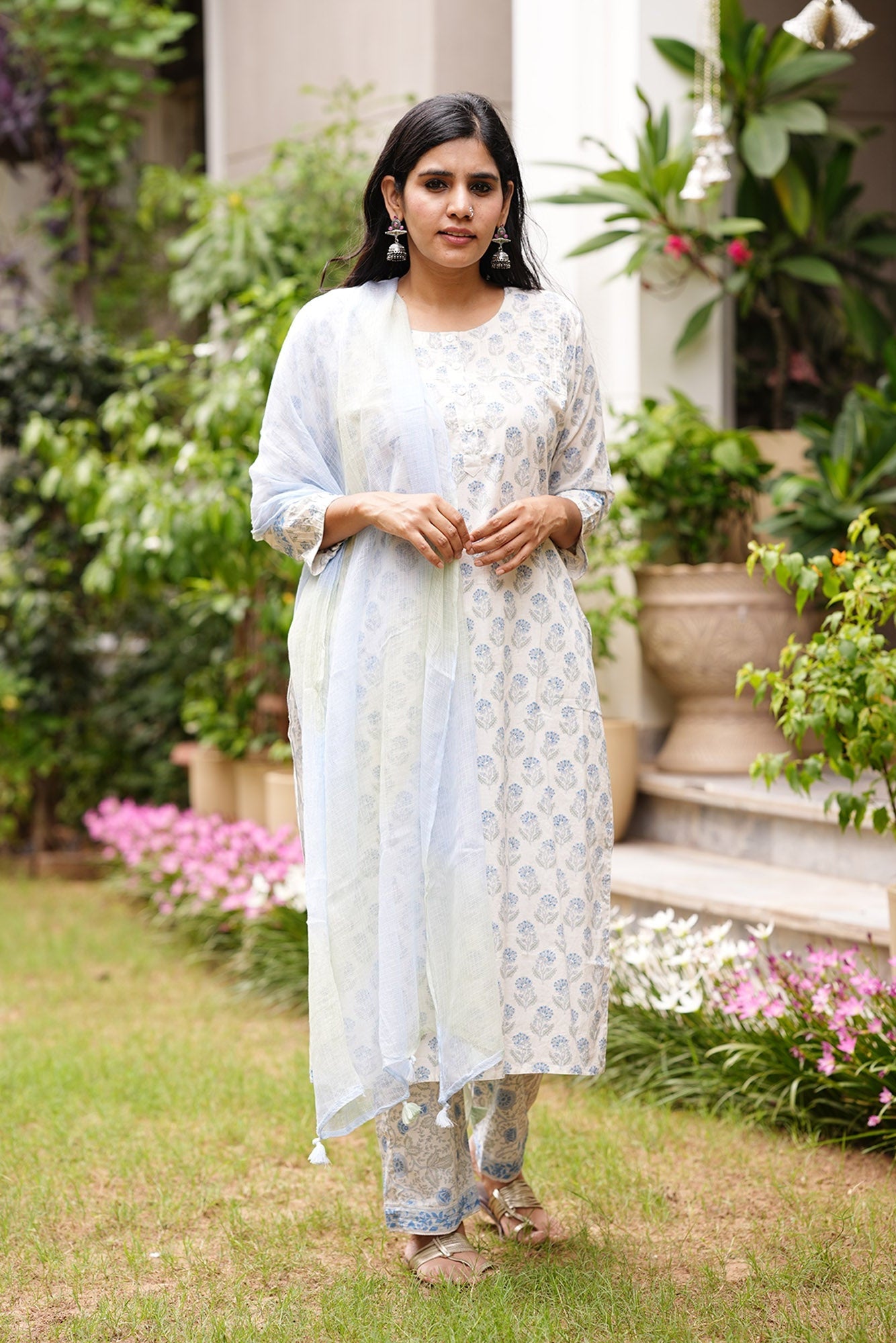 White & Blue Handblock Suit Set With Kota Dupatta