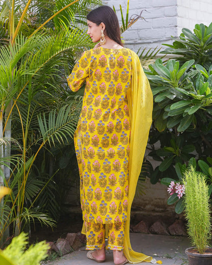 Yellow Cotton Handblock Suit Set