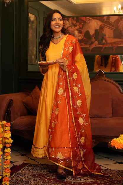 Yellow Shantung Anarkali Suit Set