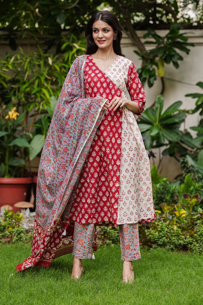 Red White Handblock Cotton Angrakha Suit Set