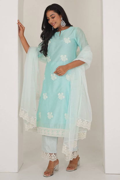 Ice Blue Chanderi Suit Set With Lace Work