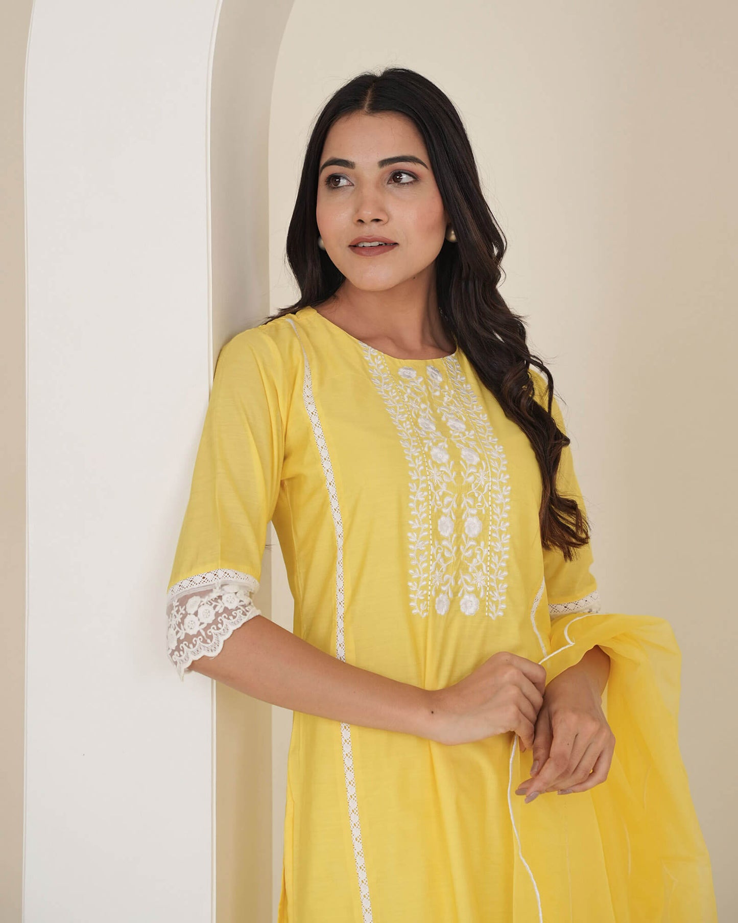 Yellow Chanderi Suit Set With Lace Work