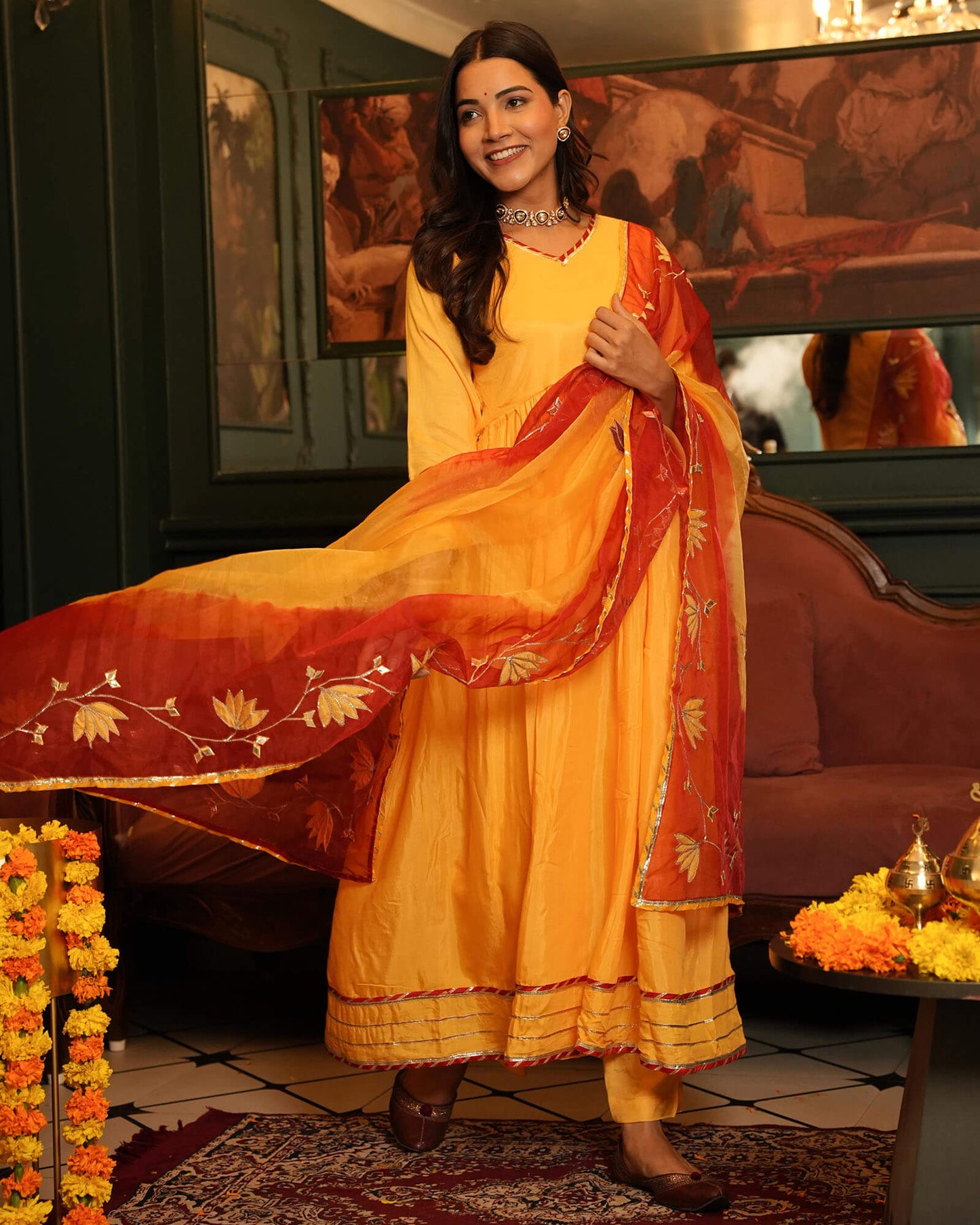 Yellow Shantung Anarkali Suit Set