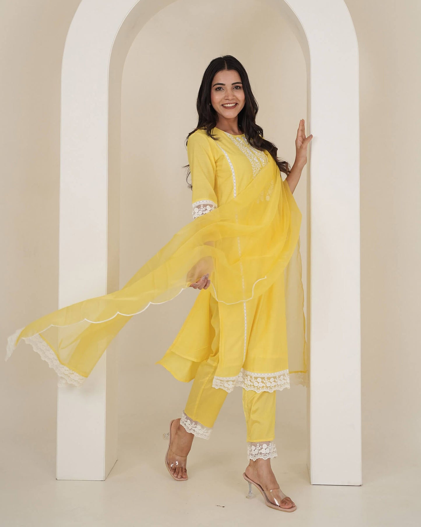 Yellow Chanderi Suit Set With Lace Work