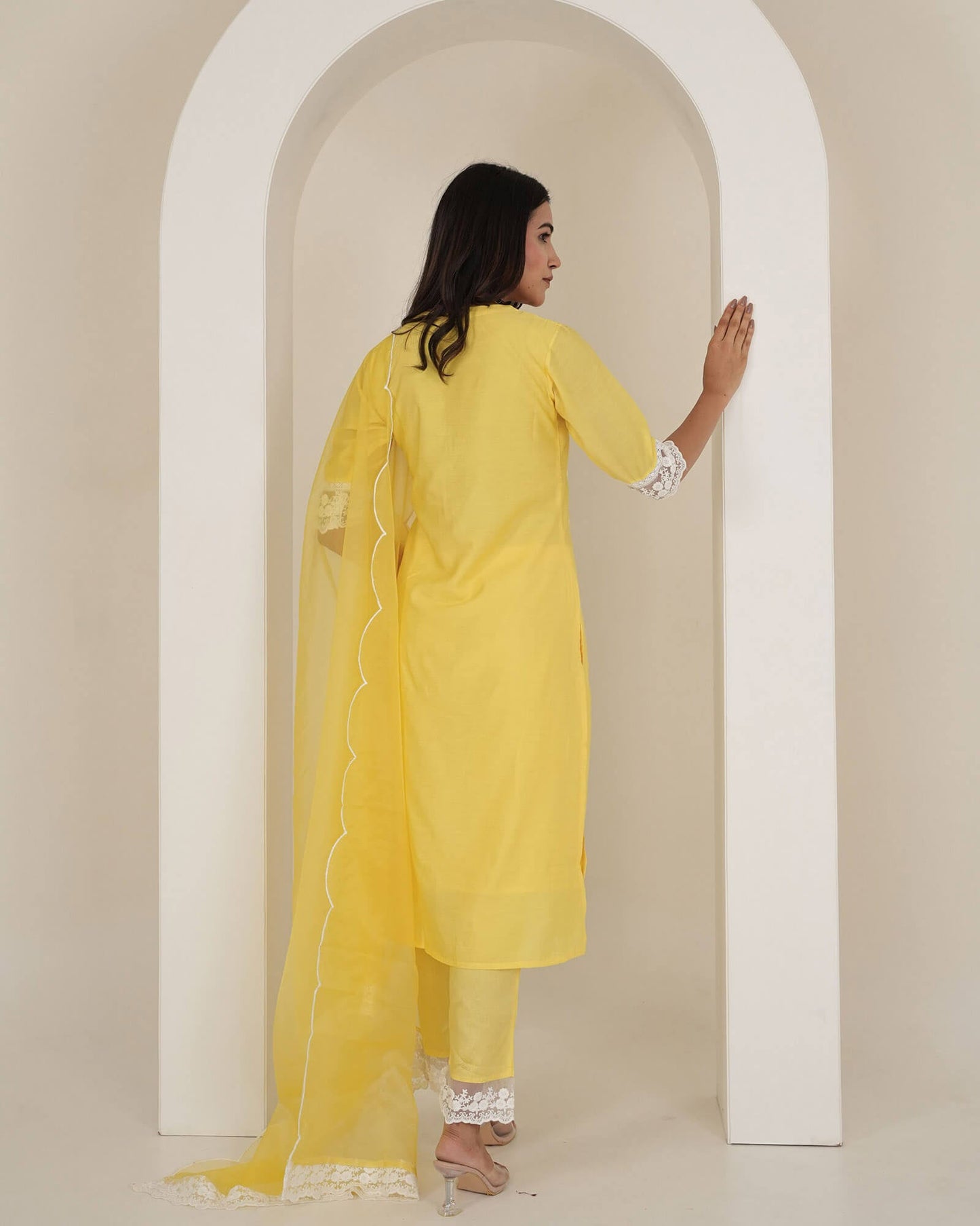 Yellow Chanderi Suit Set With Lace Work