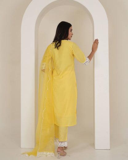 Yellow Chanderi Suit Set With Lace Work