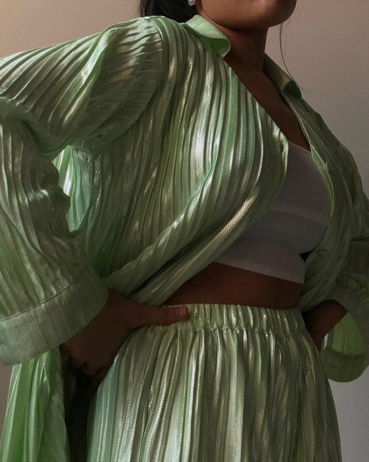 Pleated Shiny Green Coord Set
