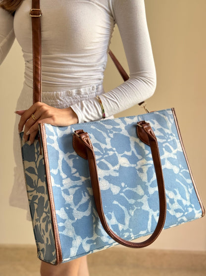 Powder Blue Sky Handblock Floral Printed Tote Bag