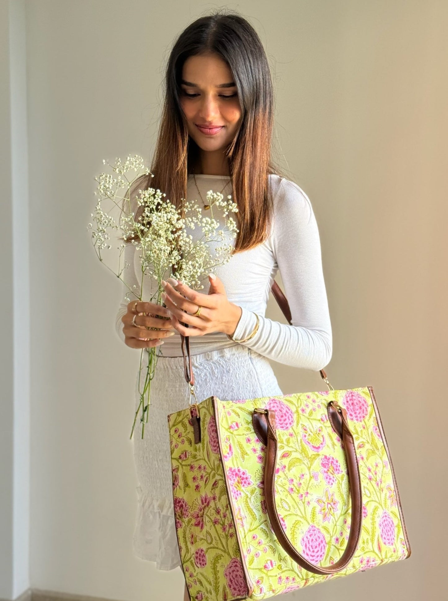 Lime Green and Pink Willow Handblock Printed Tote Bag