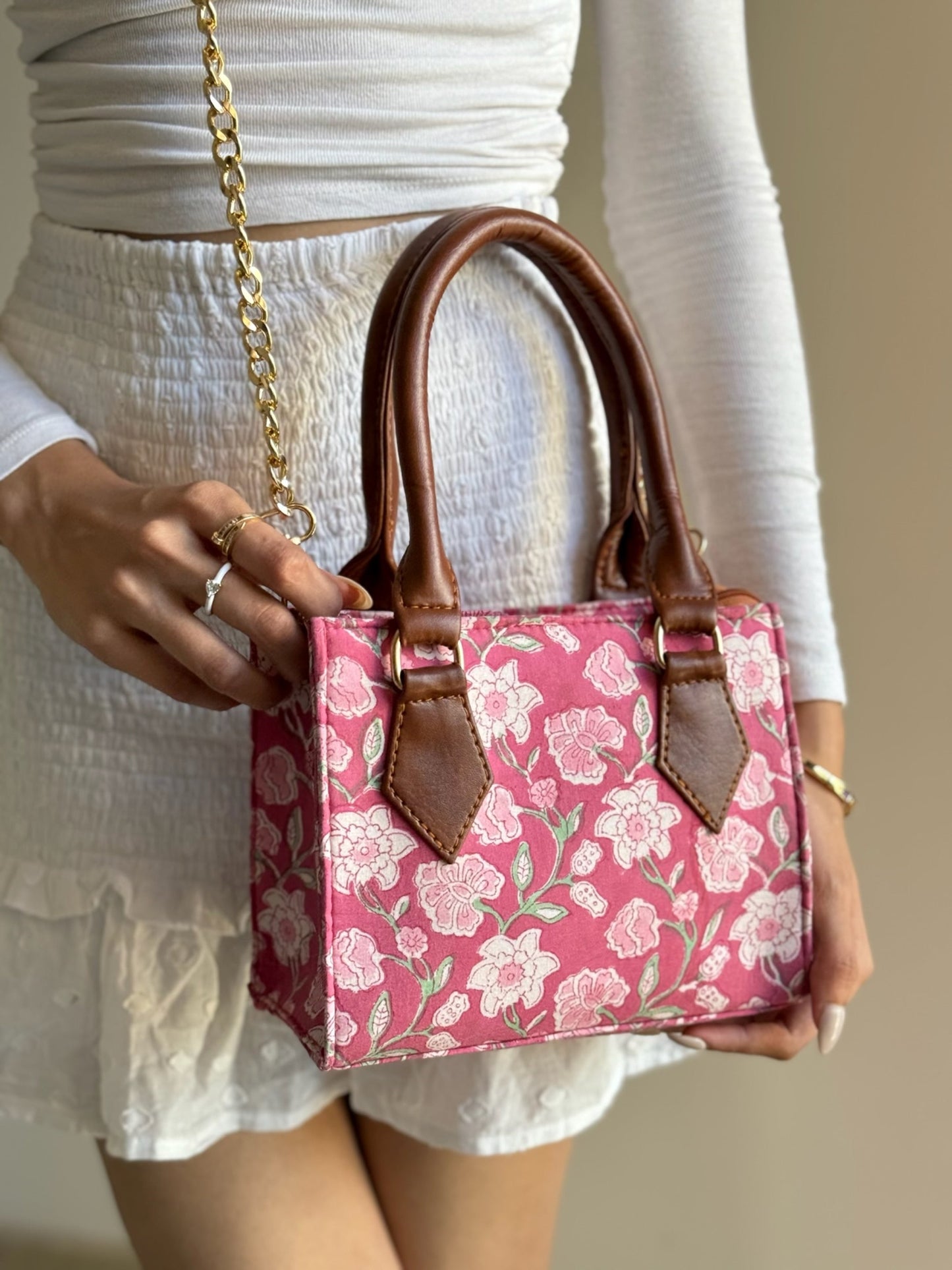 Pink Mini Handblock Printed Tote Sling Bag