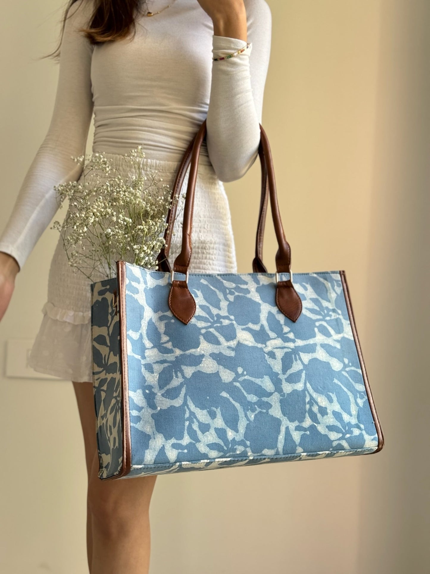 Powder Blue Sky Handblock Floral Printed Tote Bag