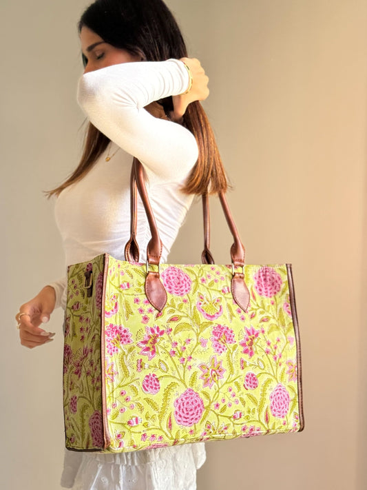 Lime Green and Pink Willow Handblock Printed Tote Bag