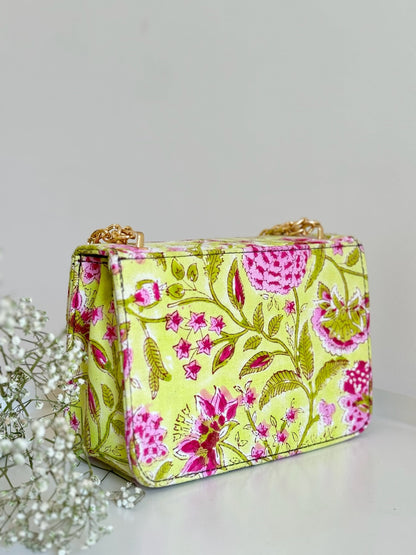 Lime Green and Pink Handblock Printed Sling Bag