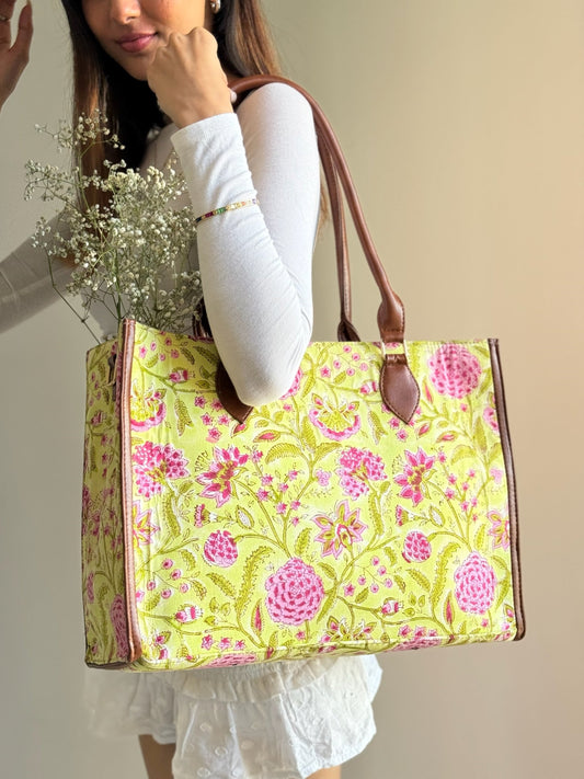 Lime Green and Pink Willow Handblock Printed Tote Bag