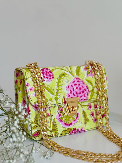 Lime Green and Pink Handblock Printed Sling Bag