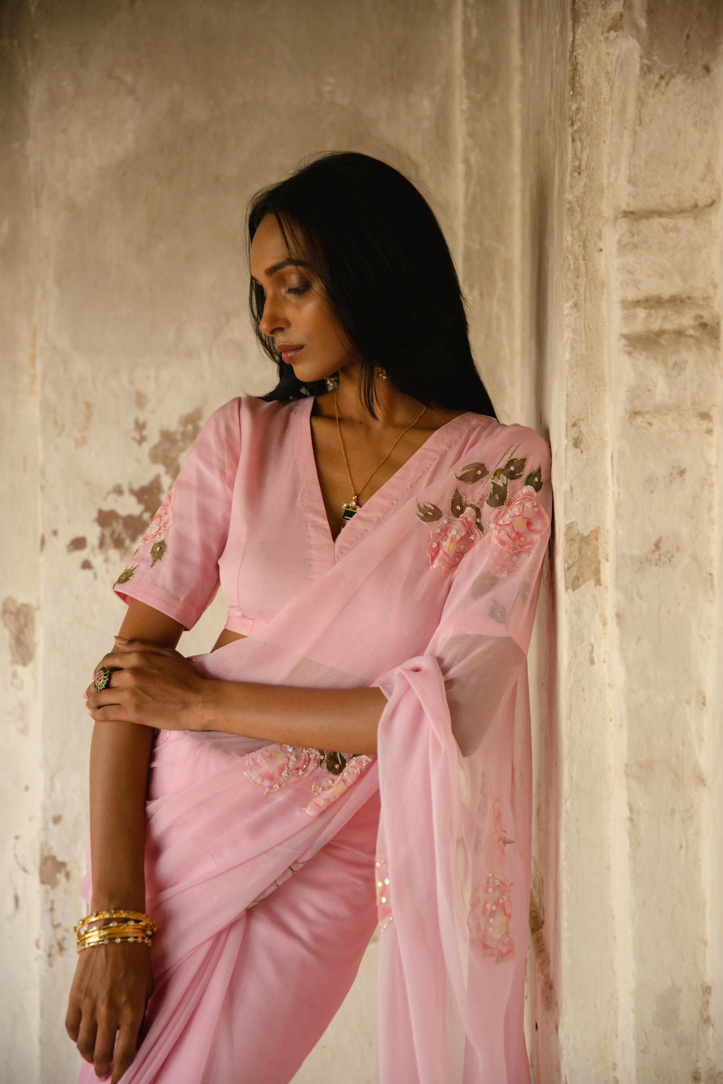 Lavina Pink Chiffon Handpainted Saree