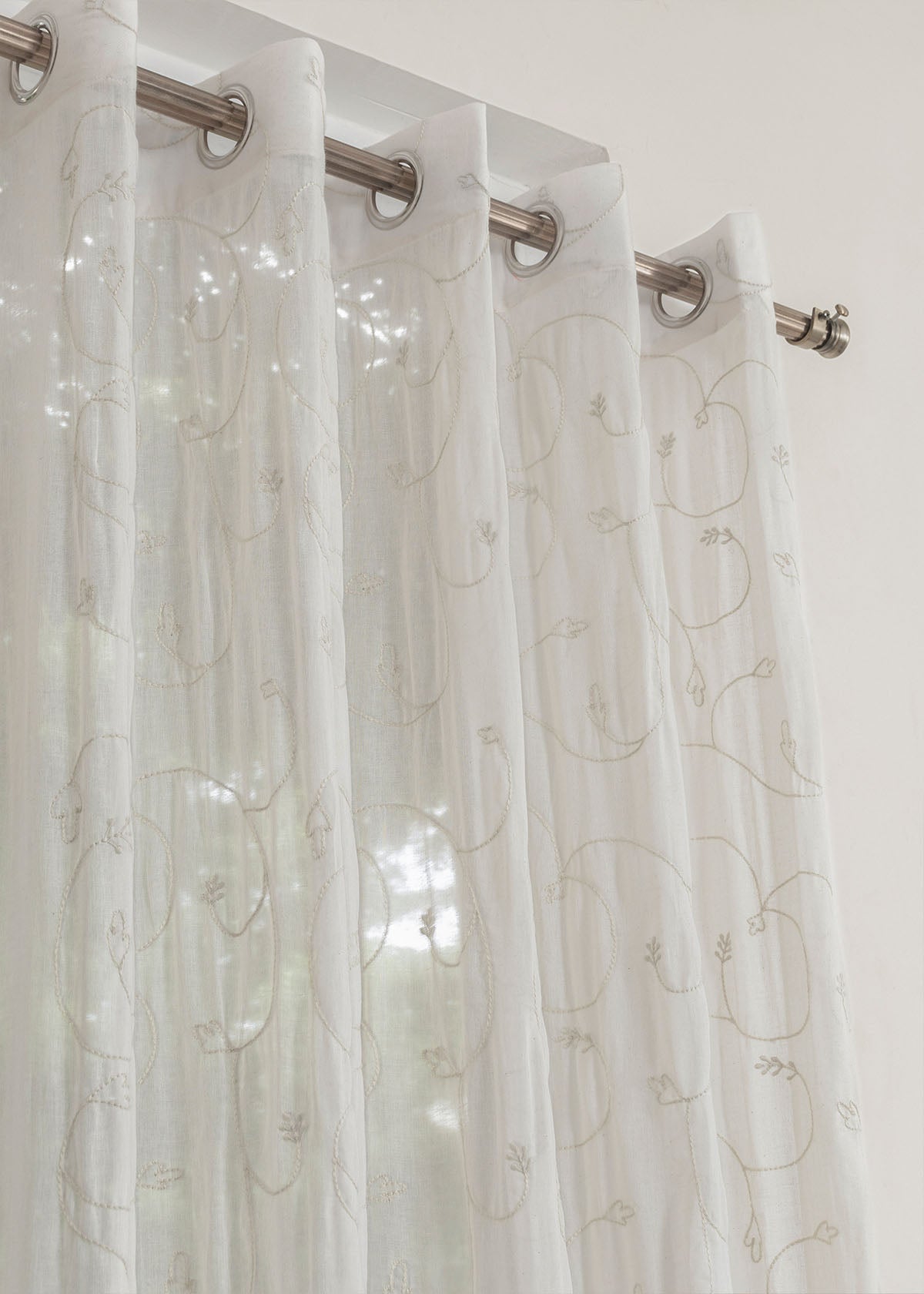 Light Filtering - Ivy Vines Embroidered White Cotton Sheer Curtain