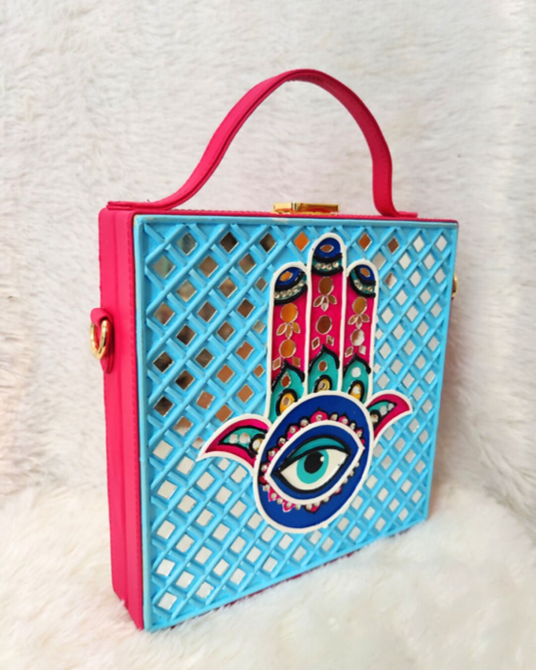 Hamsa Square Lippan Art Handcrafted Box Bag