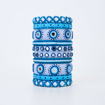 Yamuna White & Blue Mirror Work Bangle Set