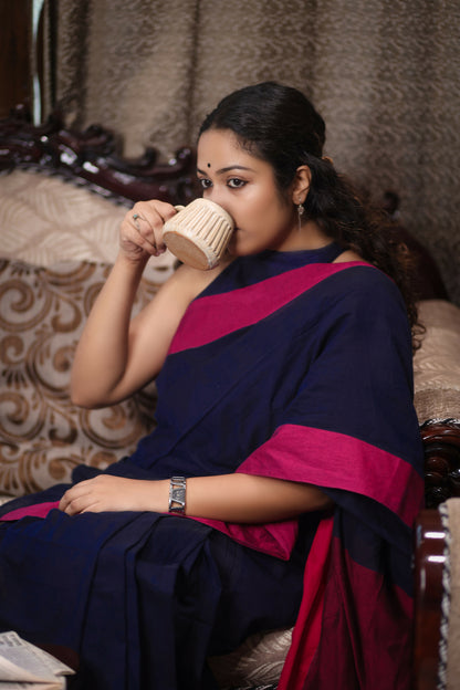 Navy & Pink Handwoven Mulmul Cotton Saree