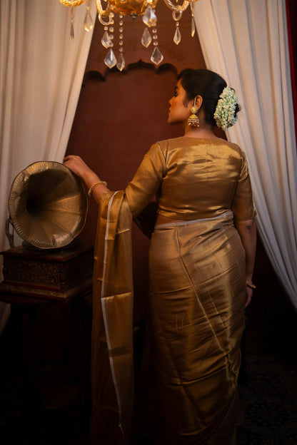 Kanak Golden Cotton Tissue Elbow Sleeve Blouse with V neck