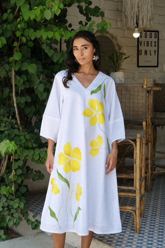 Blossom Hand-painted Linen Midi Dress