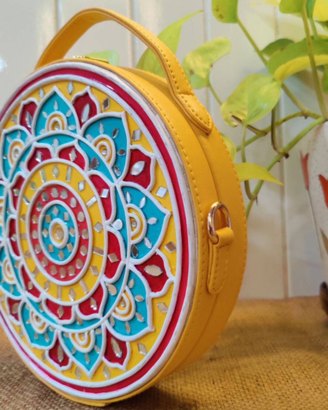 Pink & Blue Mandala Lippan Art Handcrafted Circle Box Bag