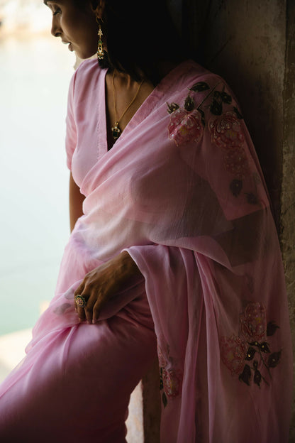 Lavina Pink Chiffon Handpainted Saree