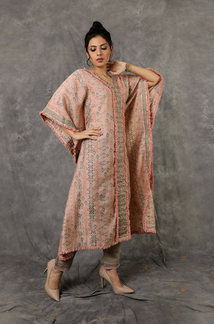 Green/Peach Kaftan Set With Embroidered Pants