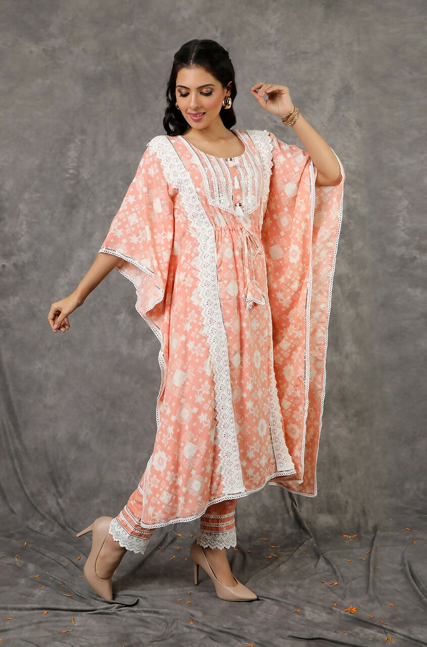 Yellow/Peach Long Kaftan Set with Embroidered Pants