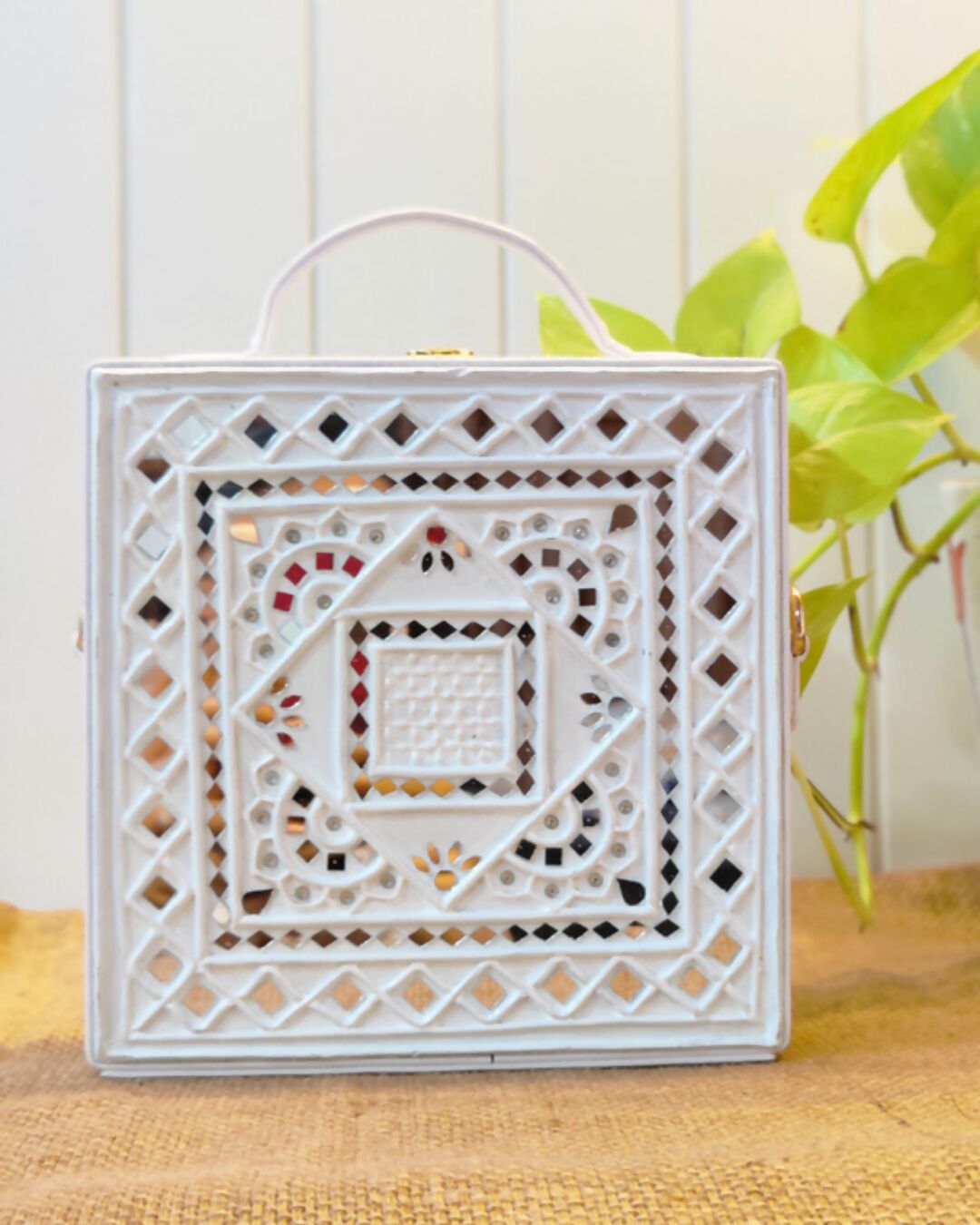 White Base Lippan Art Handcrafted Box Bag