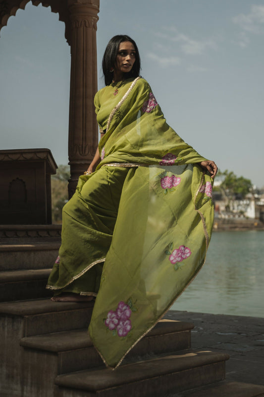 Leela Olive Green Organza Handpainted Saree
