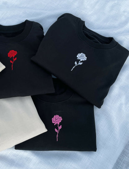 Rose Embroidered Black Sweatshirt