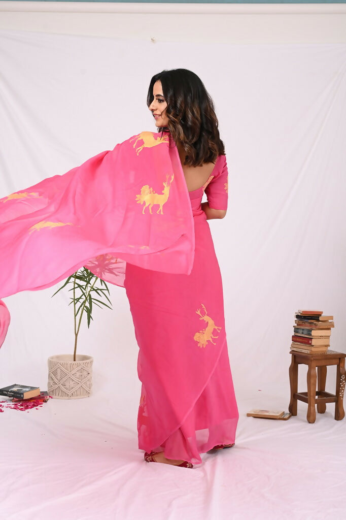 Pink Organza Reindeer Saree