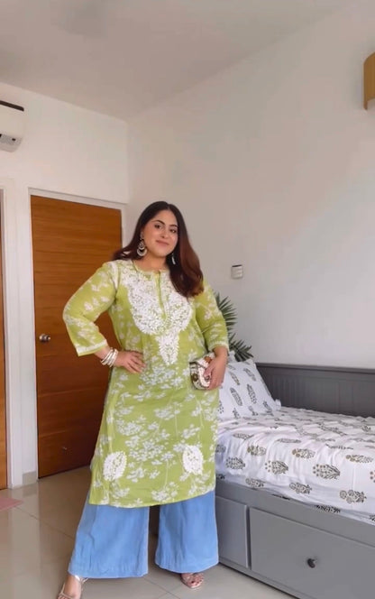 Aaifa Mul Parrot Green Hand Embroidered Kurta