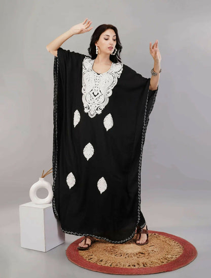 Sable Black Kashmiri Embroidered Long Kaftan