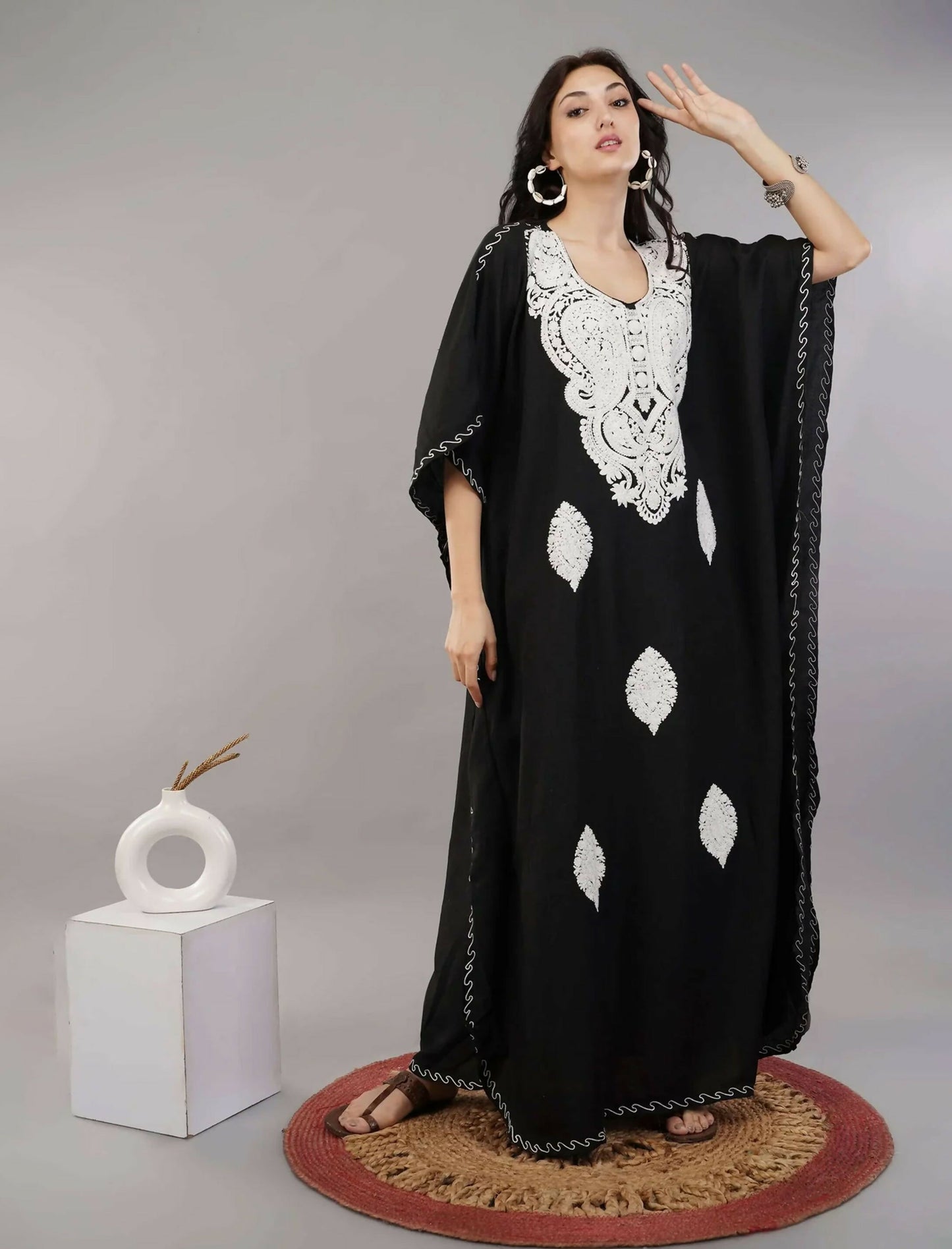 Sable Black Kashmiri Embroidered Long Kaftan