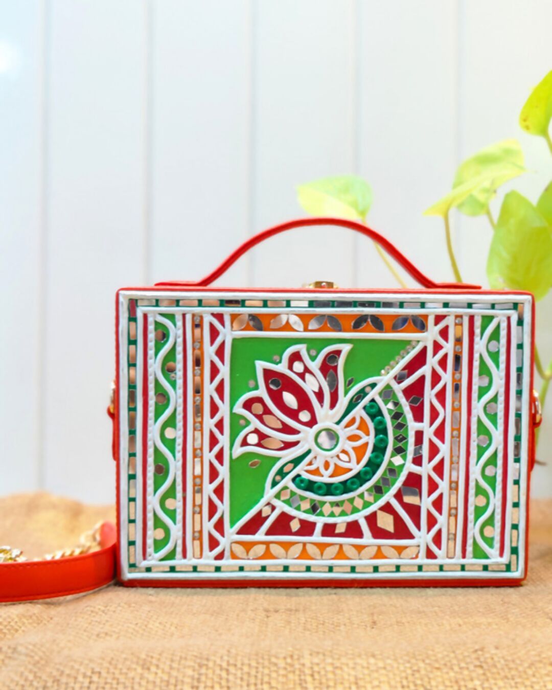 Green Lotus Rectangle Box Bag Lippan Art Handcrafted