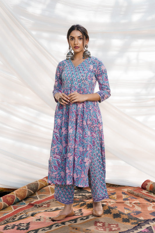Nazakat Blue Cotton Block Print Kurta Set