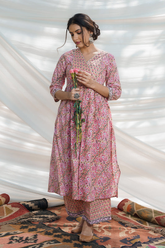 Nazakat Floral Cotton Block Print Kurta Set